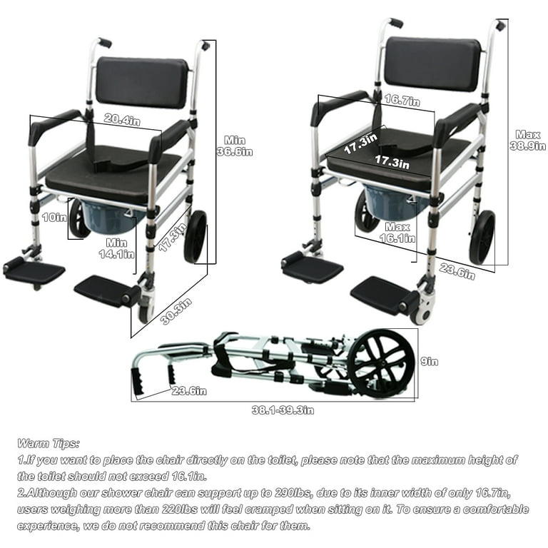Shower Chair with Wheels Foldable Height Adjustable Rolling Shower Chair Sturdy Shower Wheelchair for Seniors with Large Commode 220lbs Capacity