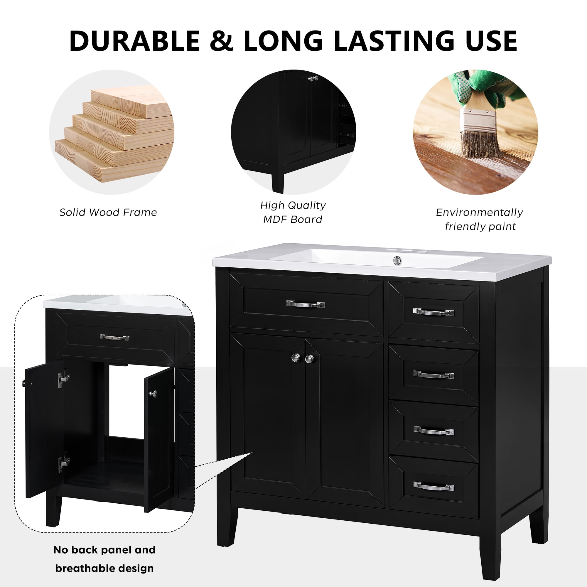 Soges 36" Bathroom Vanity with Sink Combo, Solid Wood Bathroom Makeup Cabinet with Door, Adjustable Shelf and 5 Drawers, Free Standing Single Basin Vanity Set, Durable & Easy to Clean, Black