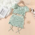 thumbnail image 2 of Vestido Para Niñas, Ropa Para Niñas Pequeñas, Moda Para Niños Pequeños, Lindo Color Sólido, Plisado, Cordón, Manga Corta, Top, Falda, Traje Verde Odeerbi LM103-8899, 2 of 9