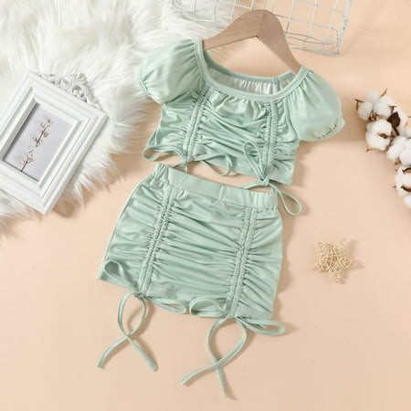 

Binmer Toddler Baby Girls Cute Solid Color Pleated Drawstring Short Sleeve Top Skirt Suit