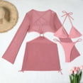thumbnail image 4 of Umfun Chic Three-Piece Mesh Sheer Cover-Up Bikini Set with Gold Ring Cutout - Long Sleeve Beachwear for Vacation & Poolside Fashion, 4 of 9