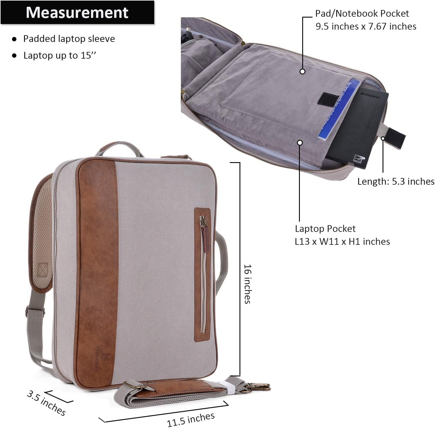 Laptop Briefcase BackpackVintage Canvas Messenger Bag with Scratch Protection Lining Up to 15'' (Beige)
