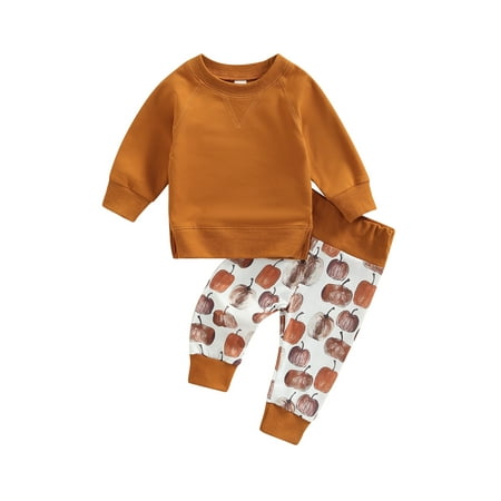 

SHIBAOZI Toddler Baby Boy T-shirt and Trousers Halloween Set Stylish Yellow Long Sleeve Tops and Pumpkin Print Long Pants