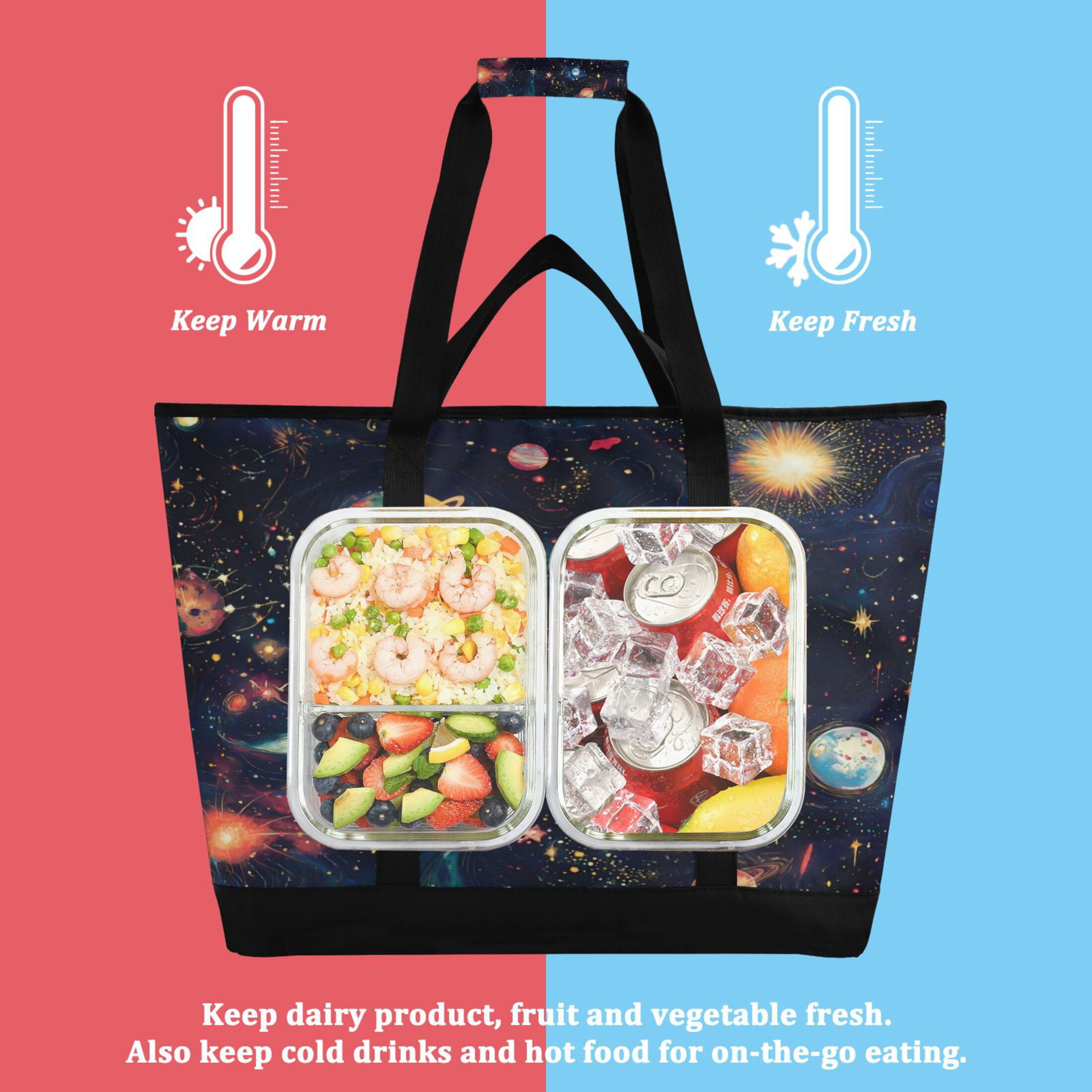 Large Hand-held Ice Pack Picnic Bag Insulation and Refrigeration Suitable for Shopping Picnics and Camping Planet Cartoon