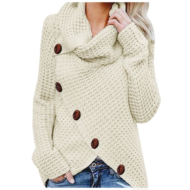 EGNMCR Chandail à Col Roulé pour Femmes, Chandails pour Femmes Femmes Bouton Chandail à Manches Longues Chandail Molletonné Chandail Hauts Blouse Chemise Unie Femmes Chandail