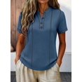 thumbnail image 5 of Henley Shirts for Women Contrast Stitching Short Sleeve Blouse Button Down Stand Collar Tunic Tops Blue L, 5 of 6