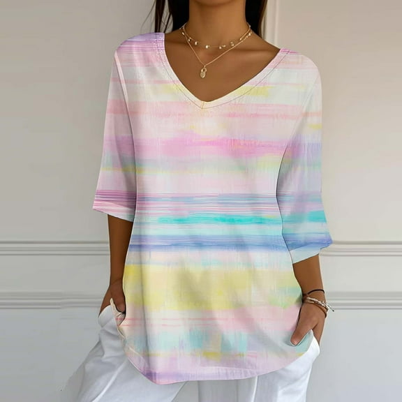 Jsaierl Women's 3/4 Sleeve Cotton Linen Tops Plus Size V Neck Shirts Dressy Graphic Ladies Blouses Workout Vacation T-shirts Top S-2XL