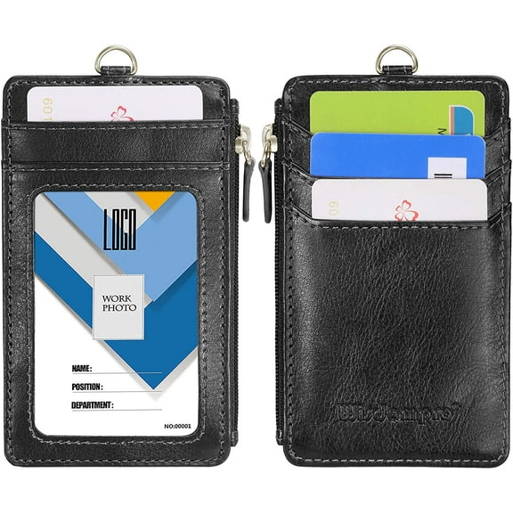 Badge Holder with Zipper, School Supply 2-Sided PU Leather College ID Badge Holder with 1 ID Window, 4 Card Holder Slots, 1 Side Pocket and 20 Inch Leather Neck Strap Lanyard -Vertical Black