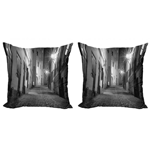 Ambesonne Black and White Throw Pillow Cover 2 Pack, Dark Alleyway, 24", Black and White