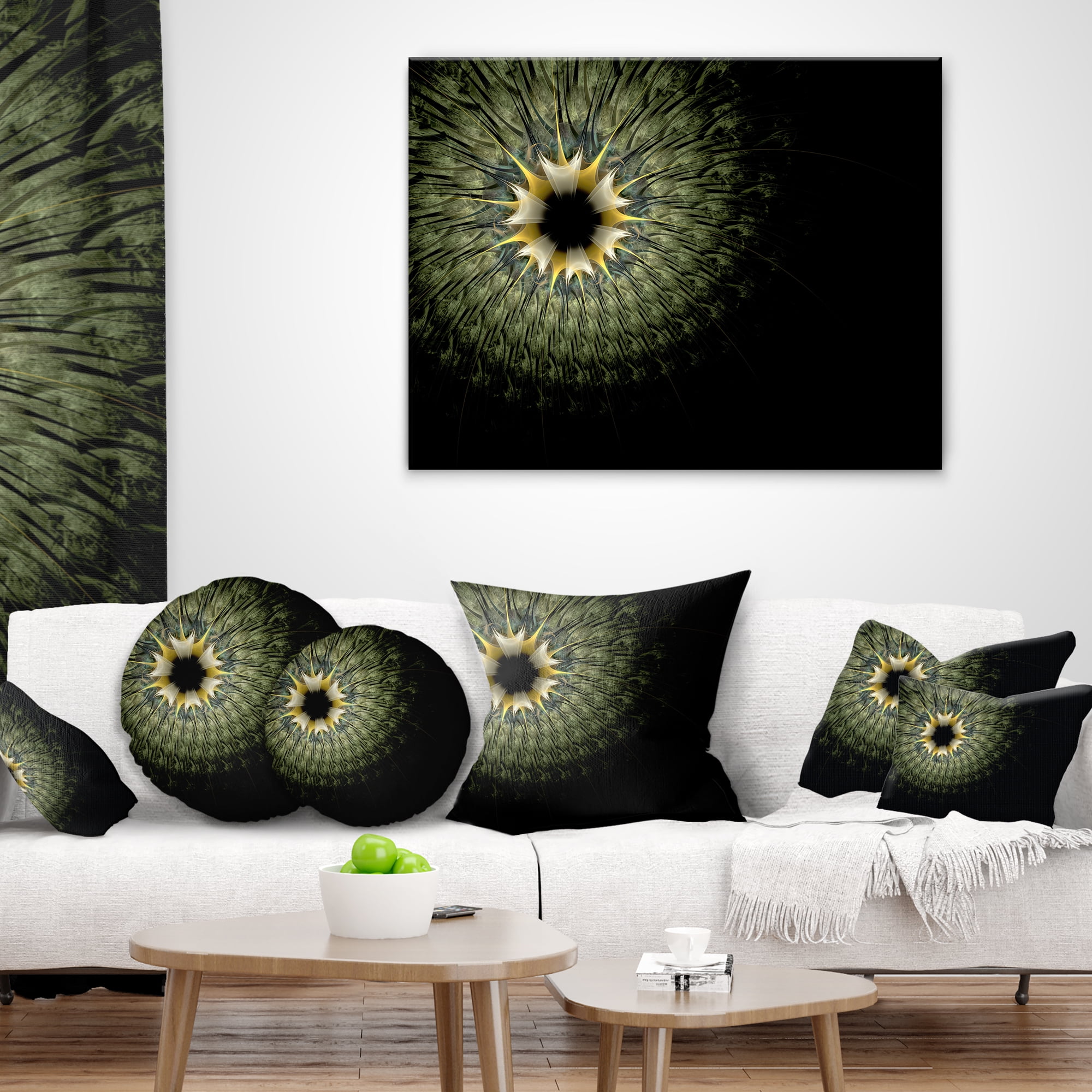 Designart Symmetrical Fractal Flower in Light Green - Floral Throw Pillow - 16x16