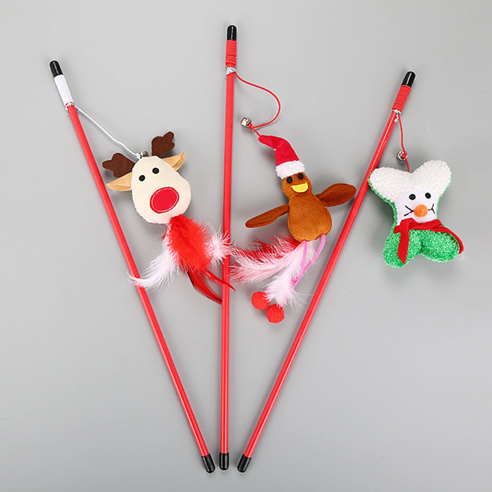 fuchsiaan Christmas Pet Cat Kitten Elk Santa Snowman Feather Bell Teaser Play Stick Rod Toy for Puppy Doggy Kitten Elk # 1pcs