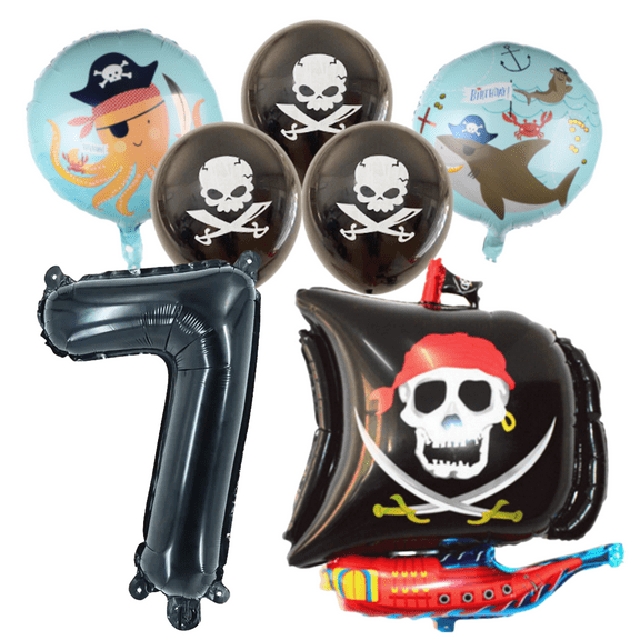 Pirate Party Number 7 Foil Balloon Set Kids Birthday Black Blue