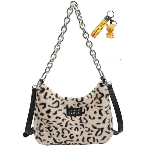 Fluffy Leopard Print Shoulder Bag Plush Crossbody Bag with Chain Cows Print Tote Handbags for Women Girls