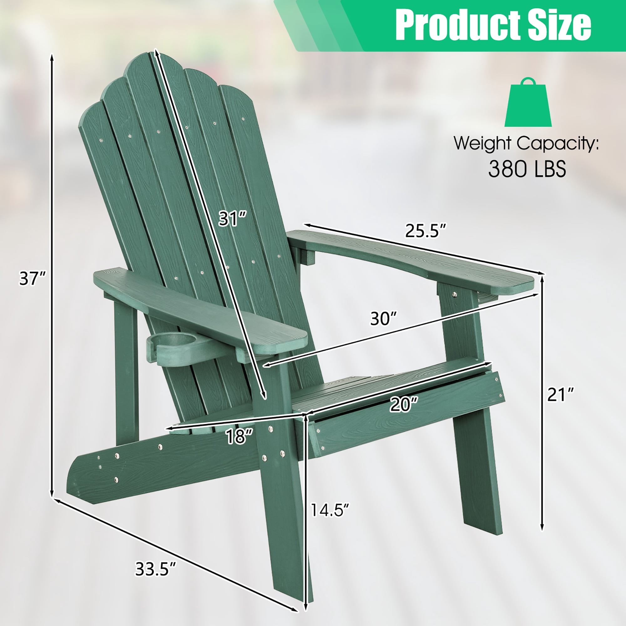 Costway Patio HIPS Adirondack Chair with Cup Holder Weather Resistant Outdoor 380 LBS Green