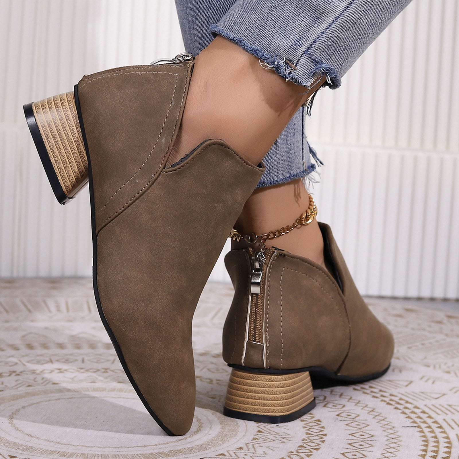 nsendm Women Shoes Adult Female Boot Heels for Women Fashion Women Artificial Leather Autumn Square Heels Zipper Solid Short Womens Boots Size 12 Wide