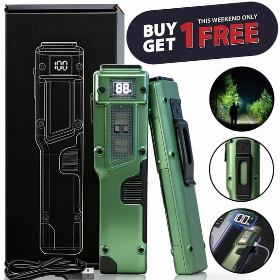 Buy 1 Get 1 Free 2Pcs Rechargeable EDC Flat Tactical Flashlight, High Lumens LED, 8 Modes, LCD Digital Display, Back Clip, with Storage Box, for Camping Fishing Emergency