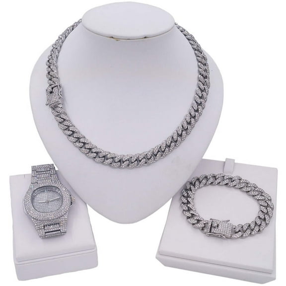 Hip hop set Miami cuben necklace bracelet icedout watch Silver color #4
