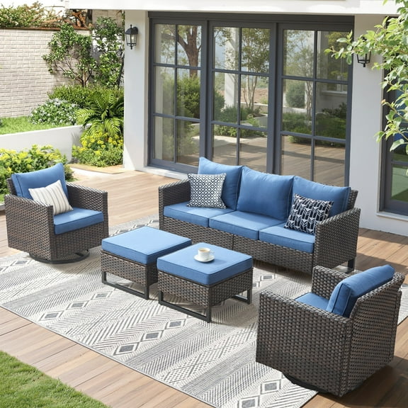 Unnifurnzi Wicker Patio Furniture Set-5 Pieces Patio Conversation Sets with Outdoor Swivel Rocker Chairs 3-Seat Sofa and Ottoman Small Porch Furniture for Deck Balcony Garden-Brown/Blue