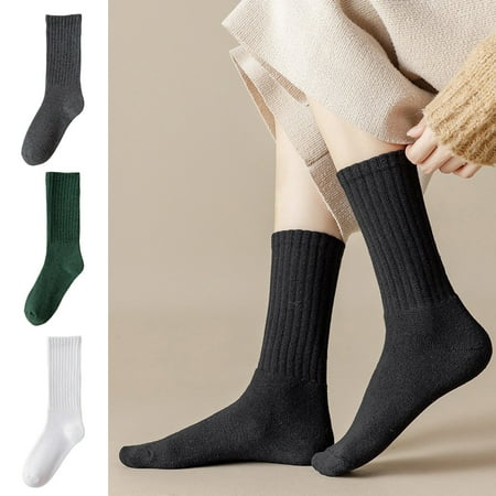 

1 Pair Mid Calf Socks Thickened Plush Lining Stretchy Comfortable Soft Keep Warm Solid Color Autumn Winter Wome