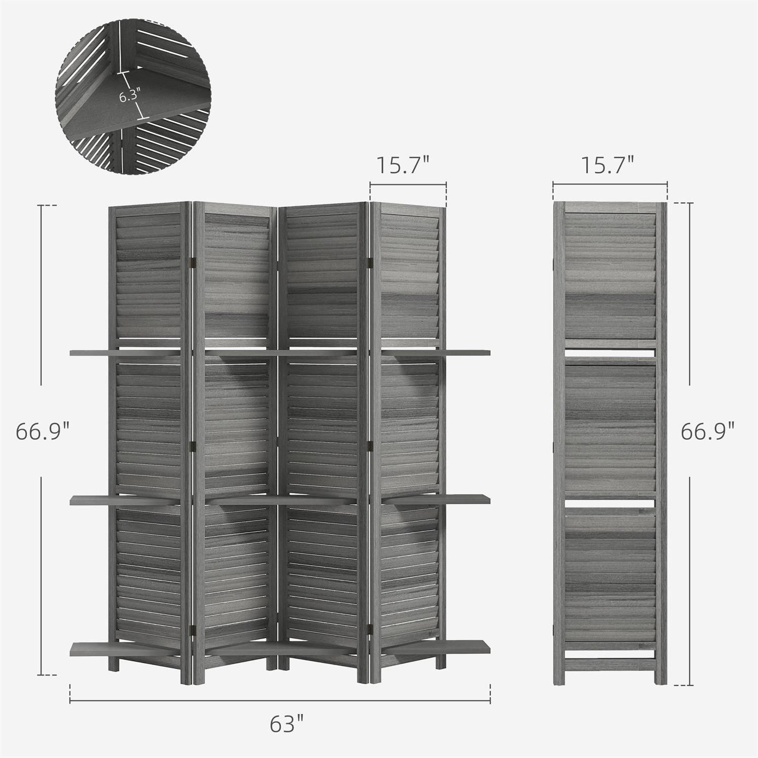 Demi Bonn 67" Tall Wood Privacy Screen Room Divider with 4 Panels, 3 Shelves, Folding Storage for Bedrooms, Gray