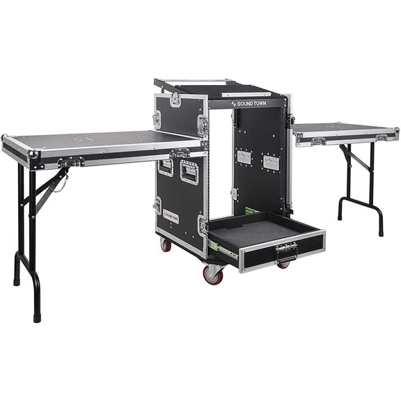 Sound Town 16U PA DJ Pro Audio Rack/Road ATA Case with 2U Drawer, 11U Slant Mixer Top, Two DJ Work Tables, Casters, Pro Tour Grade (MR-DR16UT2)