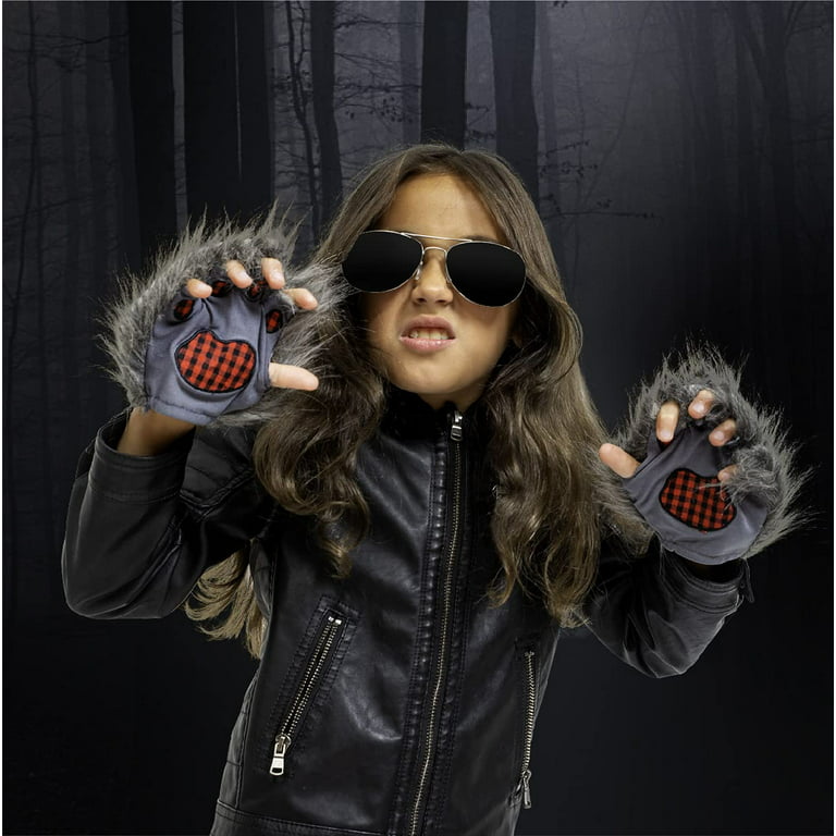 Skeleteen Wolf Paw Costume Gloves - Grey Hairy Werewolf Claw Cuffs