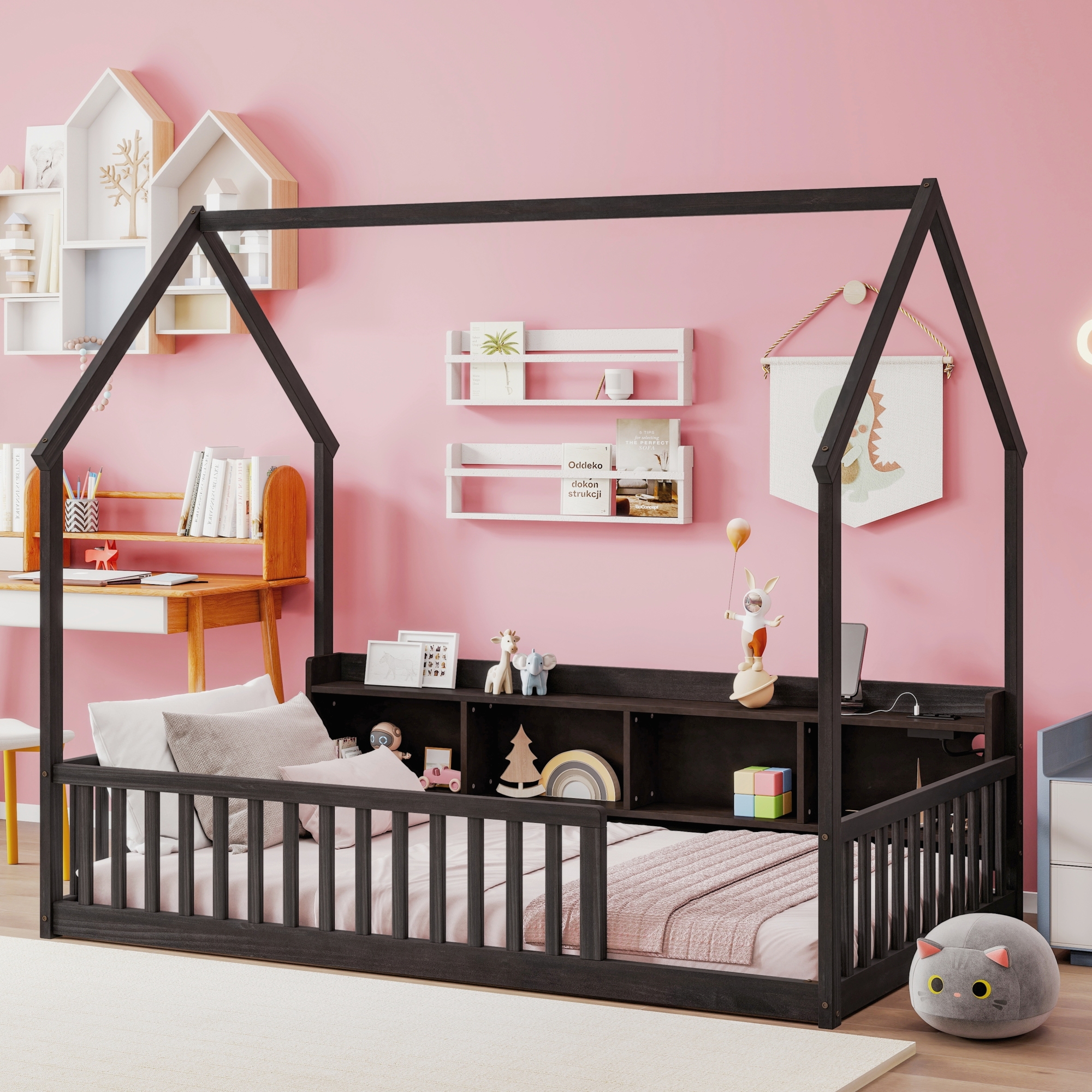 Leumius Twin Size House Floor Bed with Storage Shelves,Built-in LED Lights & Charging Station,Pine Wood Floor Bed Frame with Safety Guardrails for Kids Bedroom Espresso