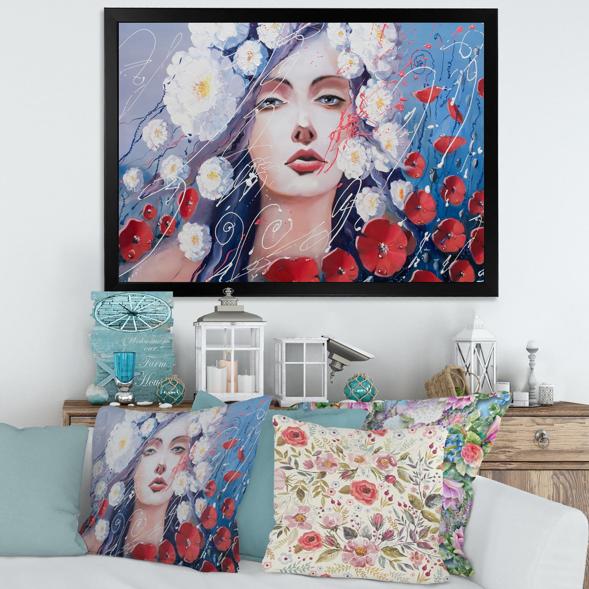 Designart 'Portrait Of A Young Lady With Red & White Flowers' Traditional Framed Art Print