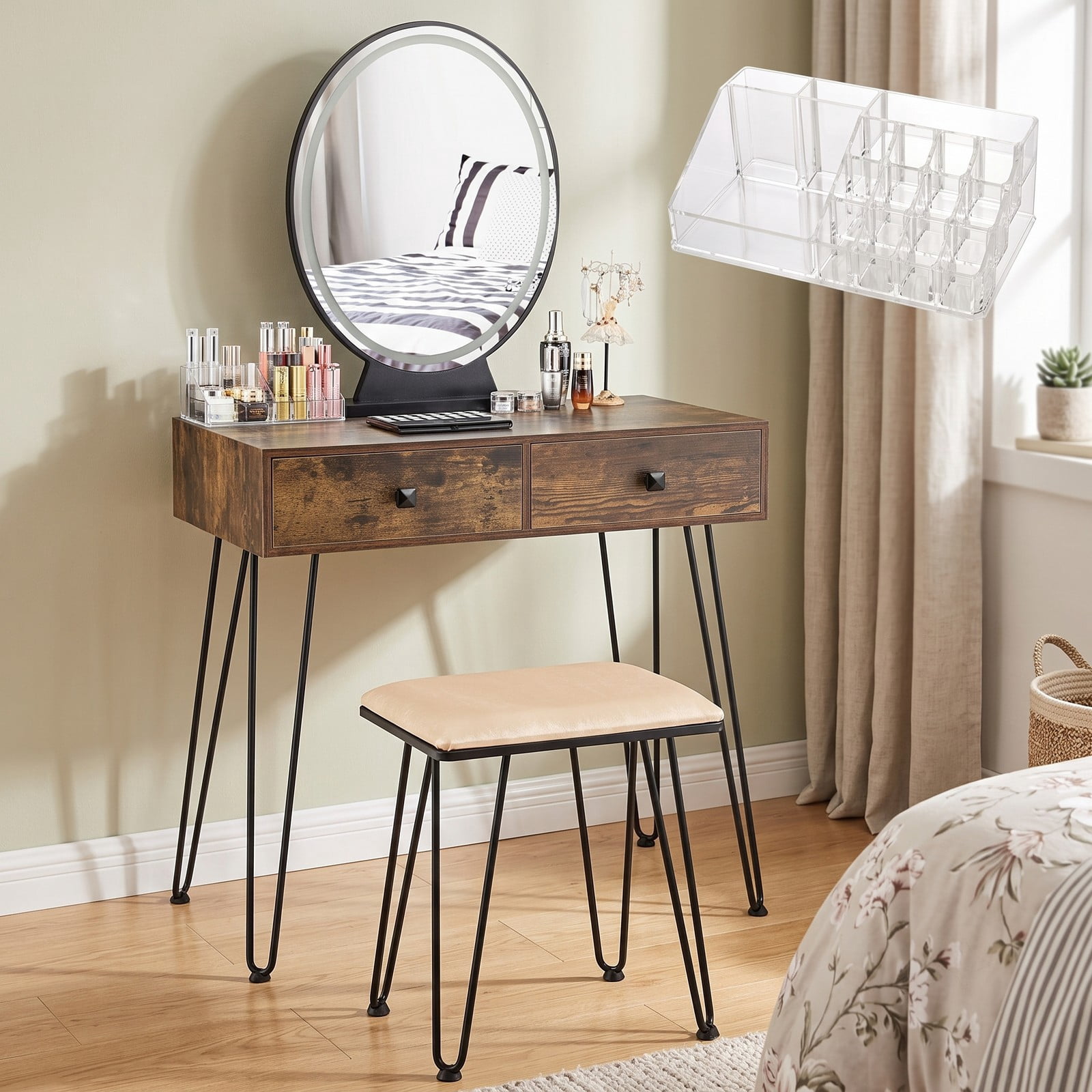 Furnibear Industrial Makeup Dressing Table with 3 Lighting Modes and Removable Mirror and Cushioned Stool for Bedroom, Rustic Brown