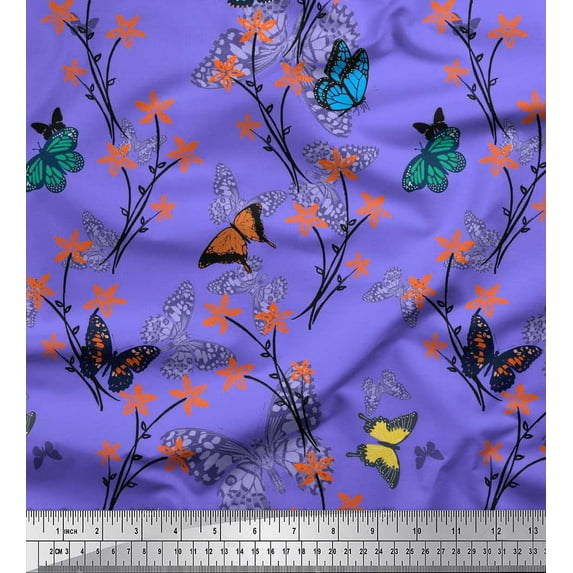 Soimoi Purple polyester Crepe Fabric Flower & Butterfly Print Fabric by The Yard 52 Inch Wide