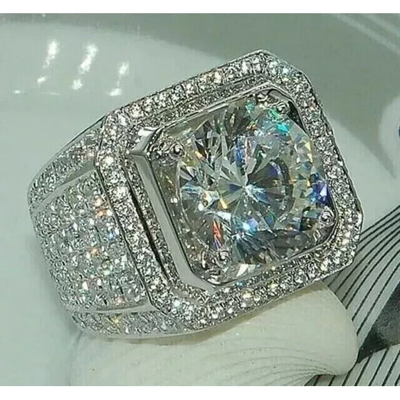 Real Moissanite 2Ct Round Cut Men's Engagement Pinky Ring 14k White Gold Plated