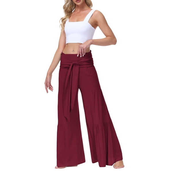 SAYOO Pantalones de Pierna Ancha para Mujer, Casual, Sueltos, de Color sólido, Cintura Fruncida, Vendaje, Cintura Elástica, Pantalones Femeninos SAYOO Moda