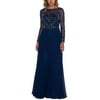 XSCAPE Women's Embellished Long Sleeve Chiffon A Line Gown Blue Size 6