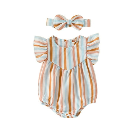 

Infant Girls Fly Sleeve Striped Printed Pullover Romper Newborn Bodysuits Headbands Set Child Leisure Outwear