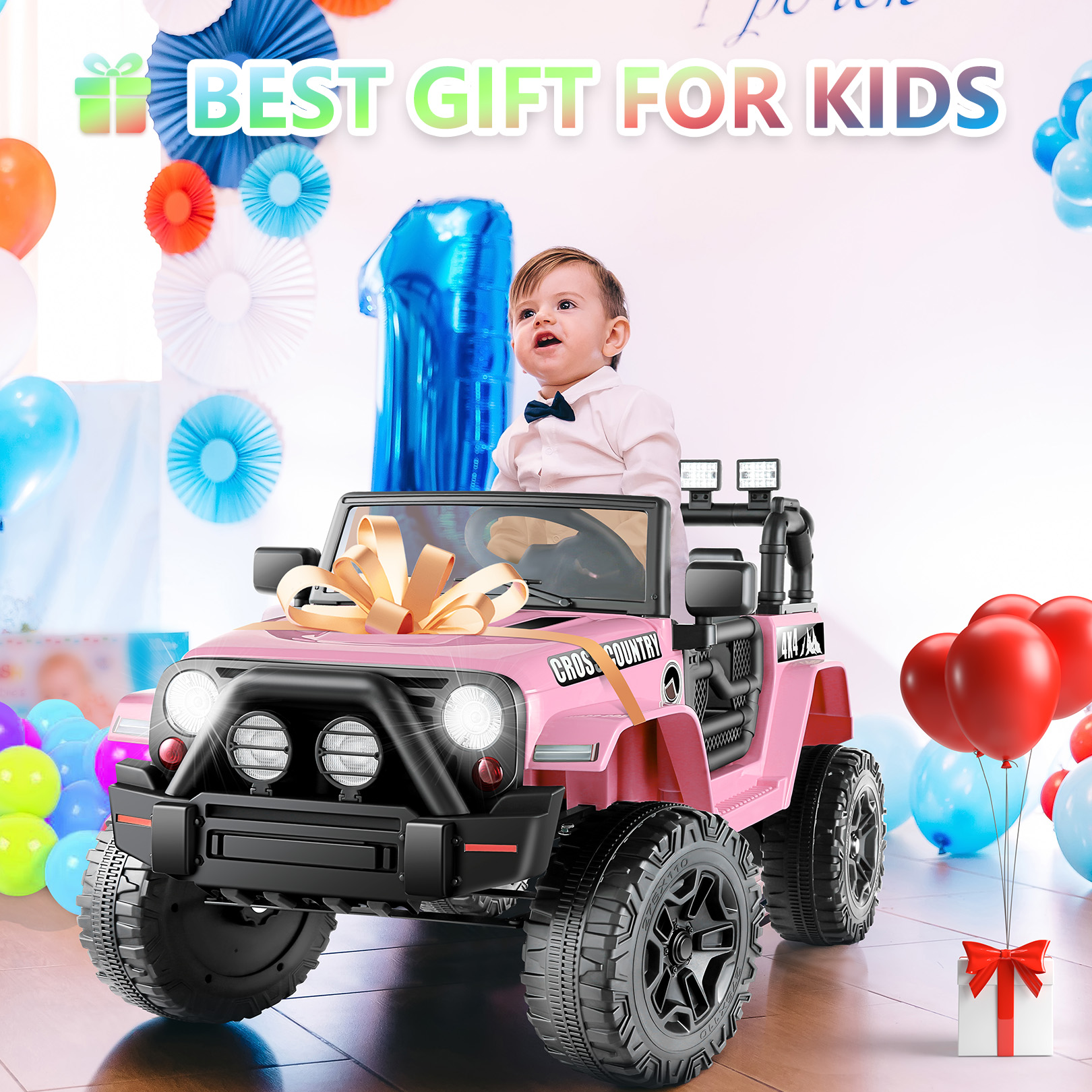 Funcid Ride on Truck Car, Kids 12V Electric Ride on Toys with Parent Remote Control, Spring Suspension, Bluetooth Music, LED Lights - Pink