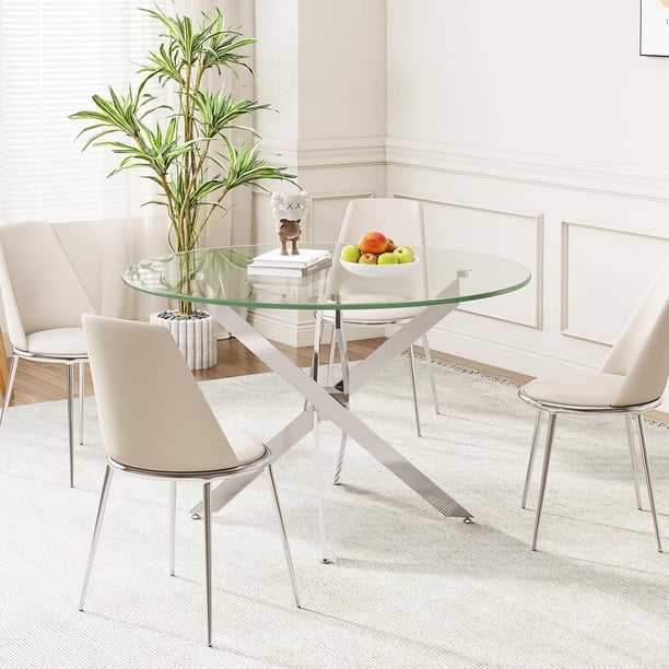 Mesa de comedor redonda universal con patas cromadas, mesa de cocina pequeña moderna de 90 cm, mesa de comedor de cocina,Transparente/Dorado
