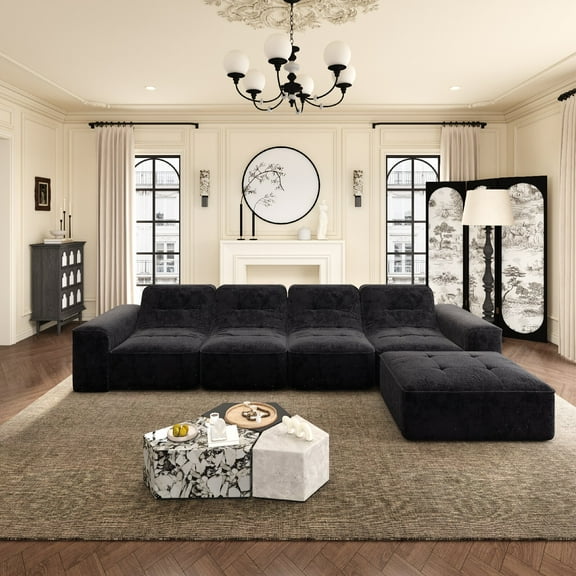 143.7" Modular Sectional Sofa Set with Removable Ottoman, Tufted Design, Deep Seat Couch, Chaise & Accent Chair, Modern DIY Sparkling Chenille Sofa for Living Room, Apartment, Office, Black