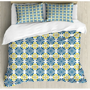 Spanish Duvet Cover Set King Size, Traditional Portuguese Tiles Mosaic Azulejo with Arabesque Effects, Decorative 3 Piece Bedding Set with 2 Pillow Shams, Cobalt Blue Yellow White, by Ambesonne