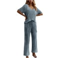 thumbnail image 1 of Women's 2 Piece Lounge Set V Neck Shirts Wide Leg Pants Summer Matching Sets Travel Outfits Shiny Ribbed Knit Tracksuit, 1 of 5