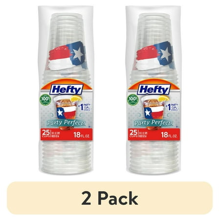 (2 pack) Hefty Party Perfect Disposable Clear Plastic Cups, Texas Print, 18 oz., 25 Count