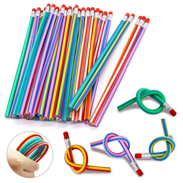 Qyyiguf 40 lápices flexibles de 7 pulgadas, lápiz suave novedoso, lápiz suave a rayas multicolores con borrador para el día de San Valentín, regalo para niños, equipo de diversión escolar