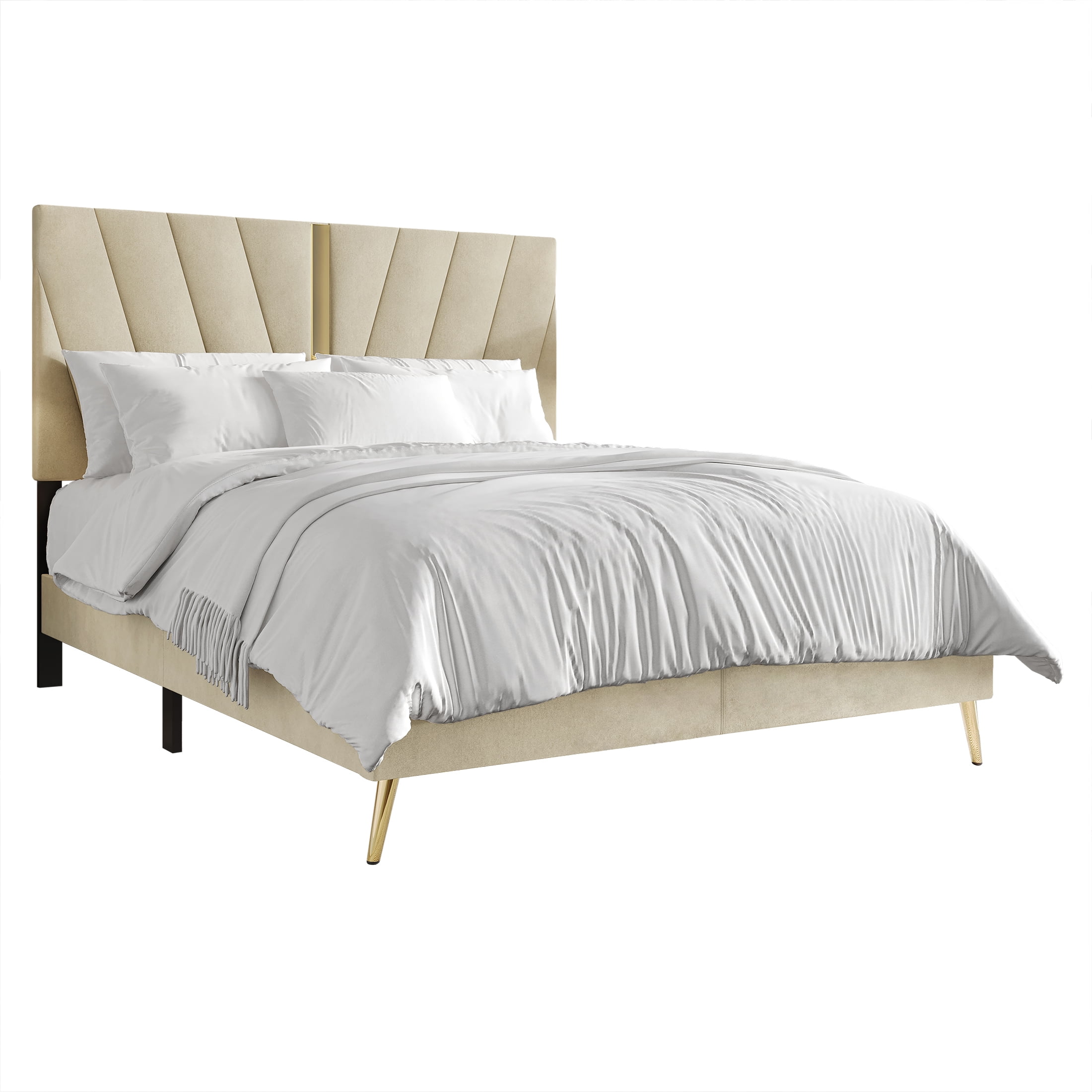 Castle Place Contemporary Velvet Queen Upholstered Bed with 2 Nightstand and Bench, Champagne