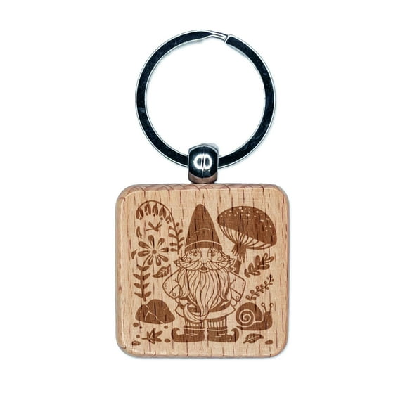Garden Gnome with Background Square Keychain Charm Tag - Engraved Wood