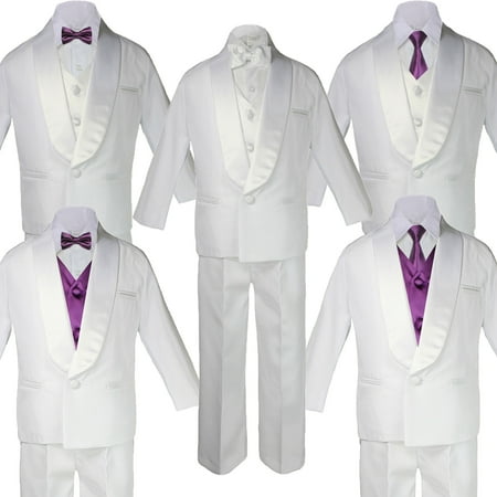 

Baby Teen White Satin Shawl Lapel Suits Tuxedo EGGPLANT Satin Bow Necktie Vest