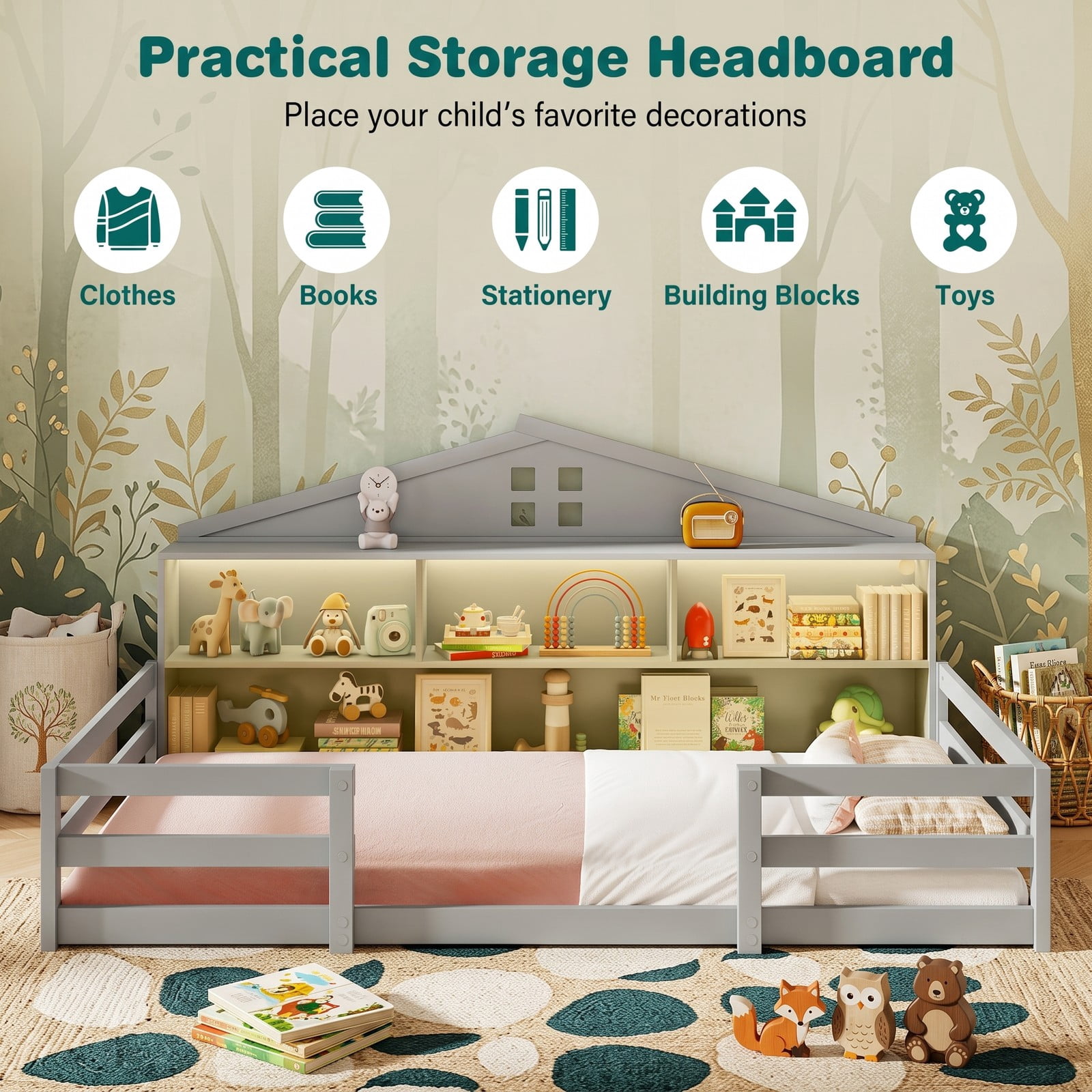 Furnibear Twin Bed Frame Montessori Floor Bed with House Headboard and Storage Shelf, Kids Room Floor Bed Frame with Headboard, Gray