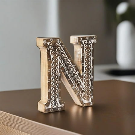 Vintage Natural Handmade 'N' Alphabet Letter Block - Mango Wood - 8 x 7.5 x 1.3 Inches - Tabletop Decor