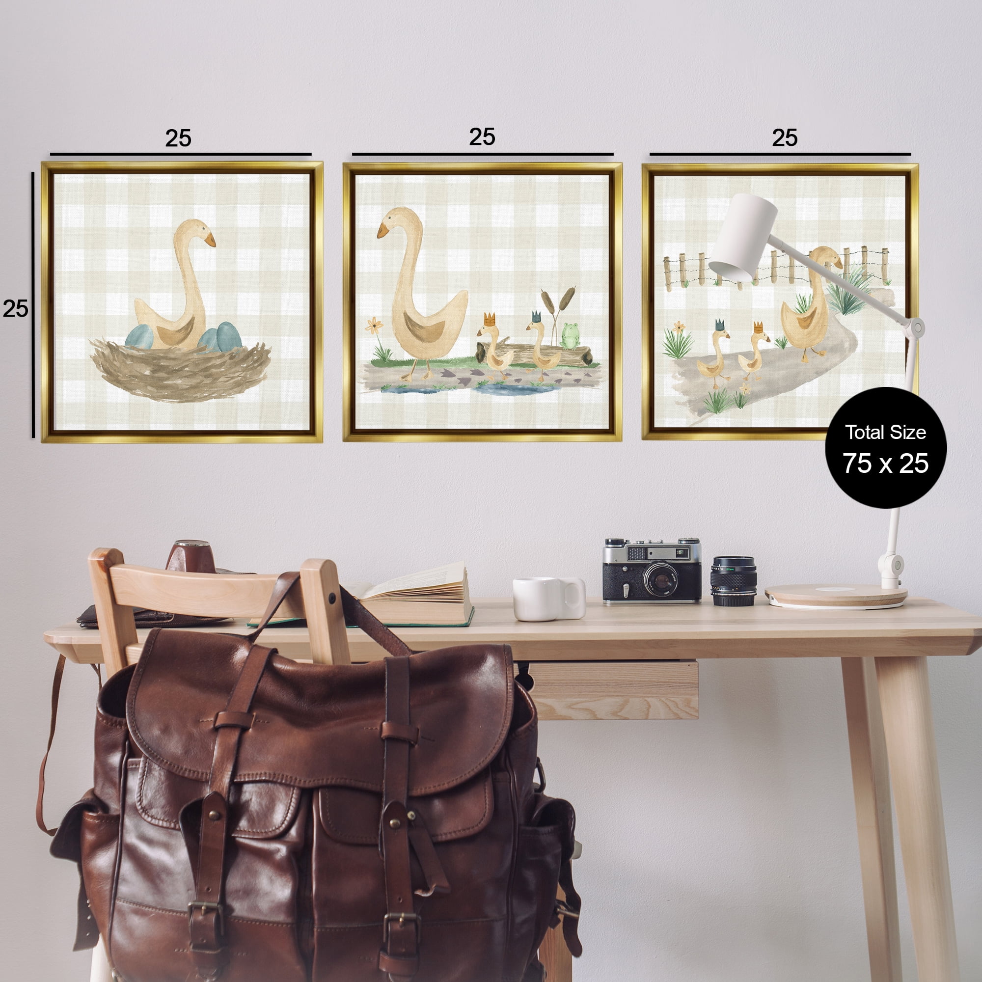 Stupell Industries Mama Goose & Ducklings Animals Painting Gold Floater Framed Canvas Art Print Wall Art, 25 x 25, Set of 3