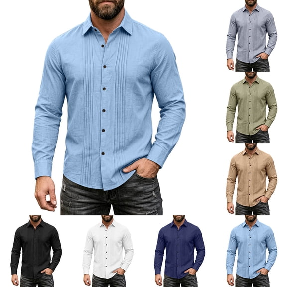 IhhxPro Men's Linen Button down Shirt Breathable Lightweight Fit Button-Up Pleated Dress Casual Summer Wedding Office Vacation Slim Long Sleeve Solid S-3XL