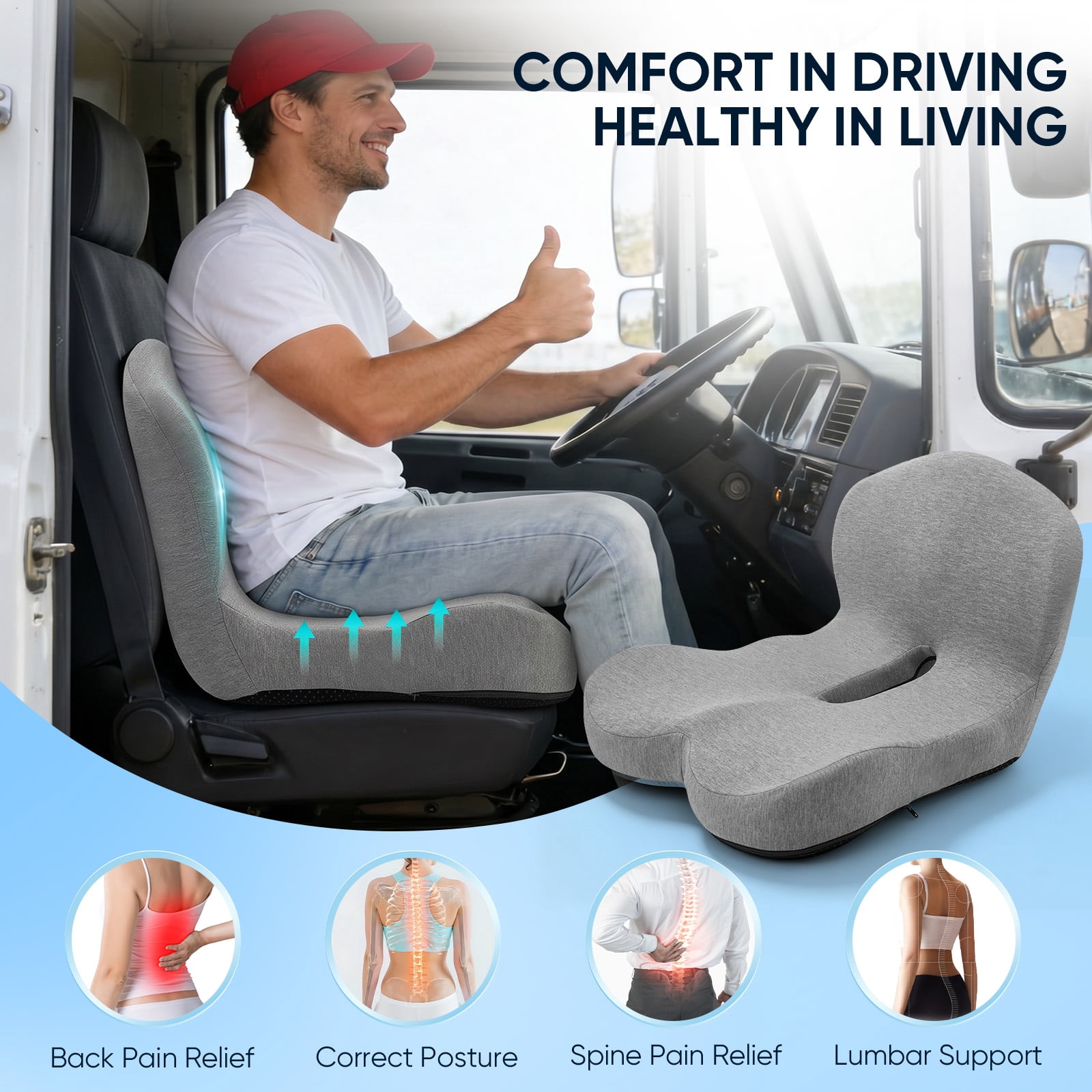 AMTPM Seat Cushion with Lumbar Support - L-Shaped Ergonomic Memory Foam Office Chair Cushion for Long Hours, Car Seat & Home Office (Light Gray)