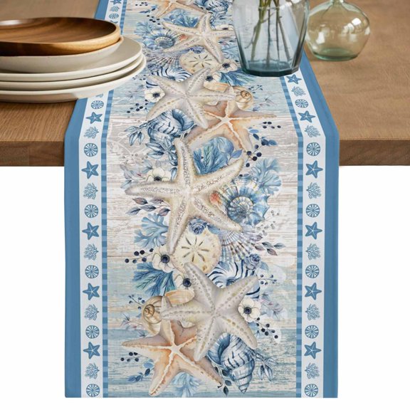 Blue Starfish Coastal Table Runner 70 Inches, Nautical Ocean Summer Coral Shell Botanical Bed Runner Dresser Scarves Tabletop for Indoor Outdoor Parties/Ceremony/Banquet, 13" x 70"